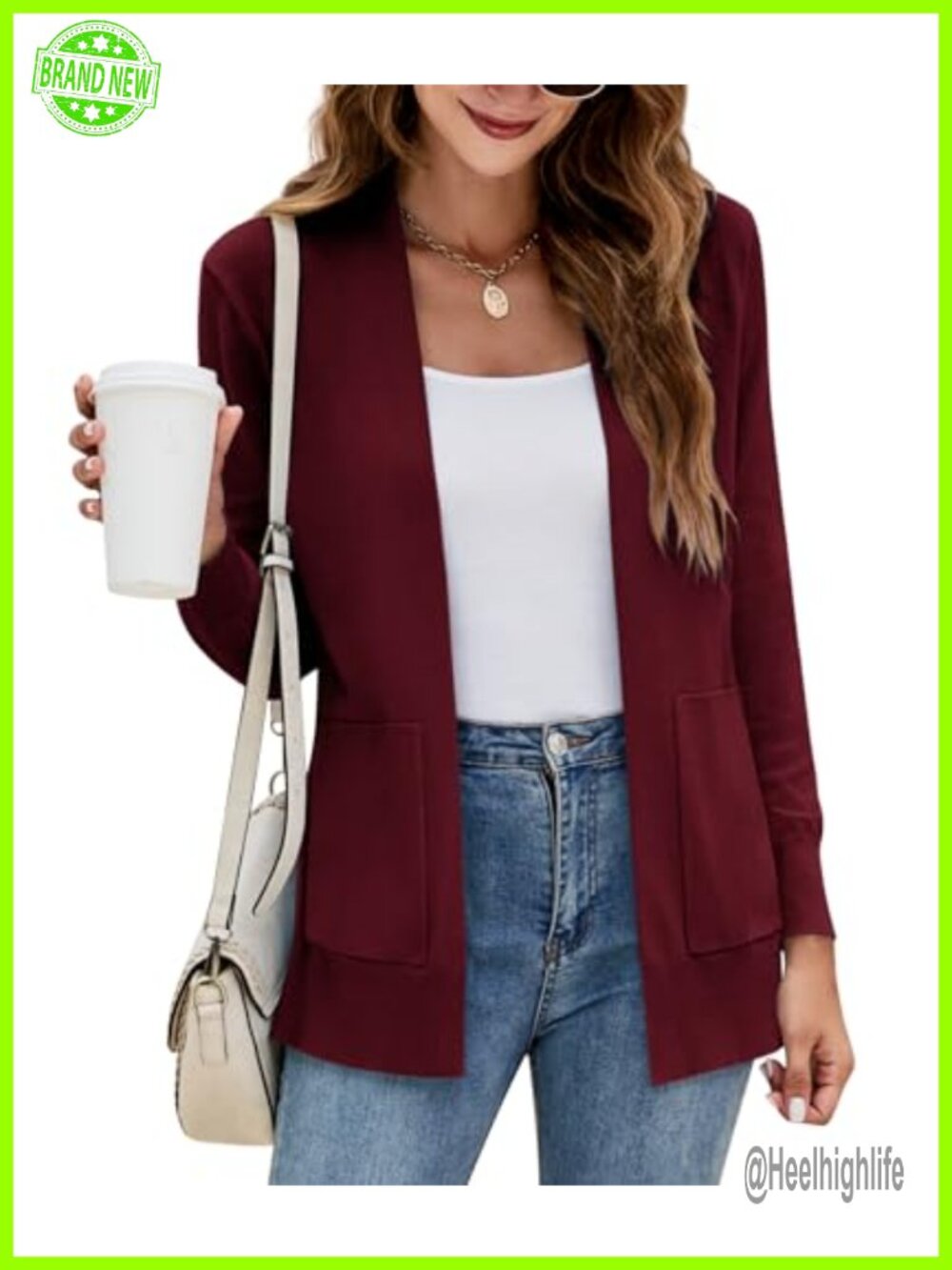 Women Open Front Knit Cardigan Long Sleeve V-Neck Sweater with Pockets